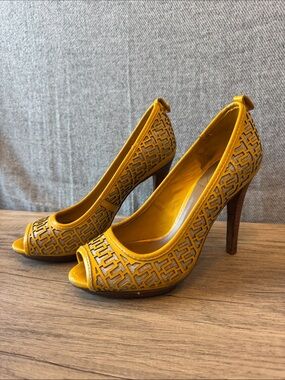Tory Burch Mustard Yellow Laser-Cut Peep-Toe Heels